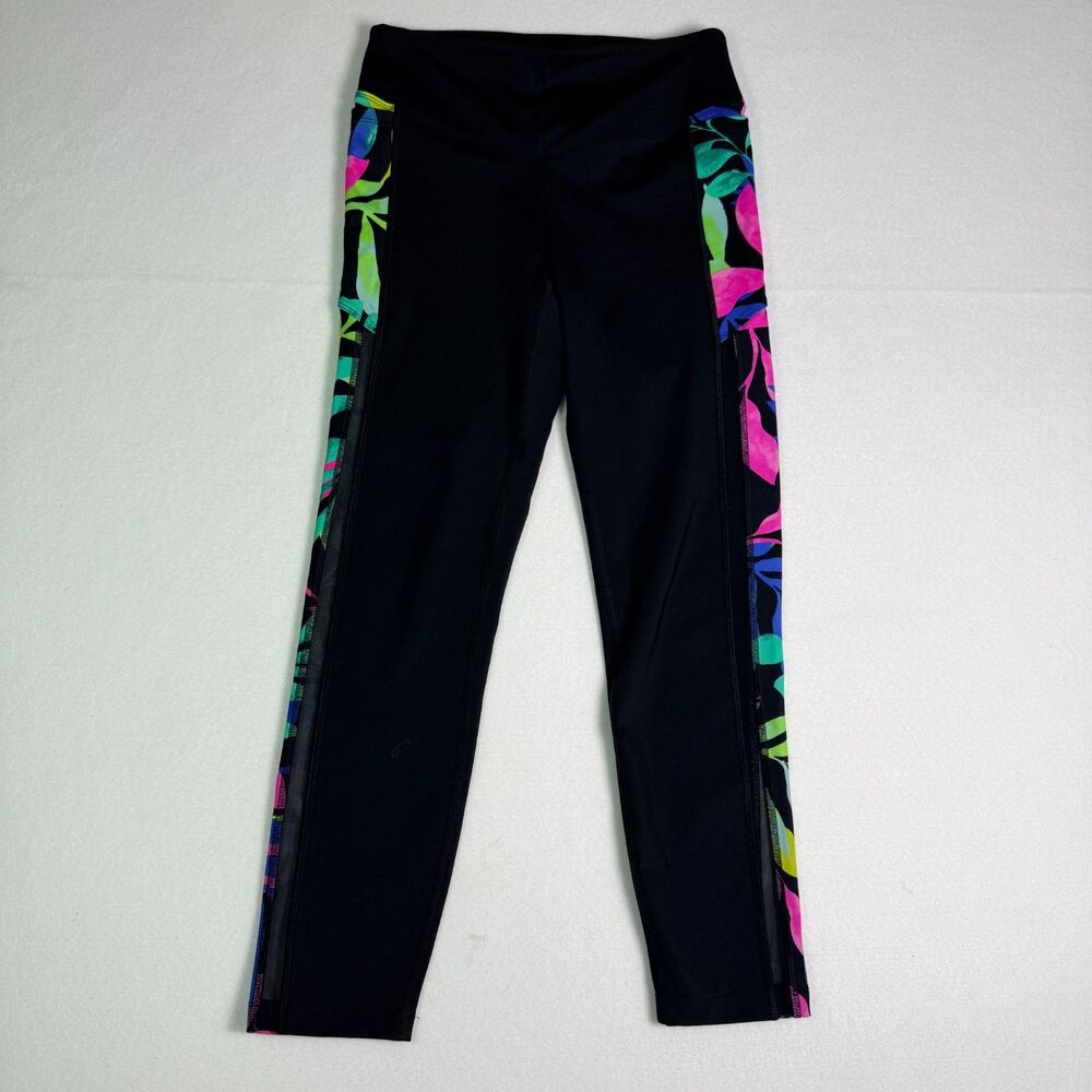 Pink Victoria Secret Active Leggings Womens Medium Black Floral Mesh Pocket